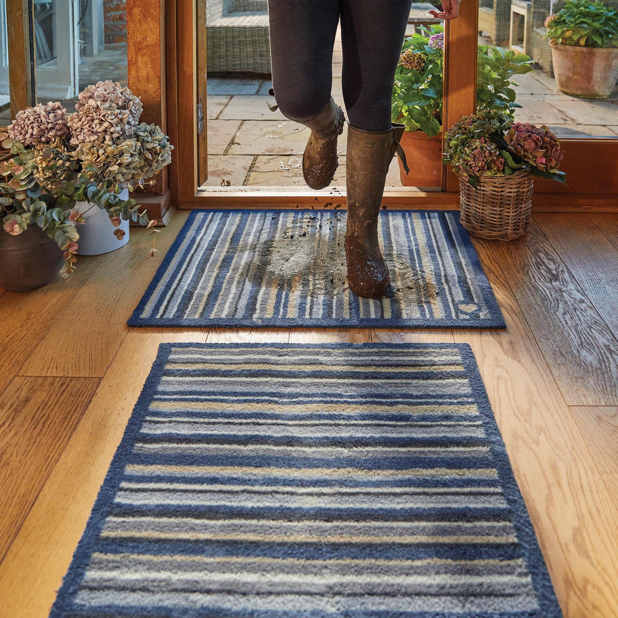 Stripe 88 Blue Grey Washable Doormat 2