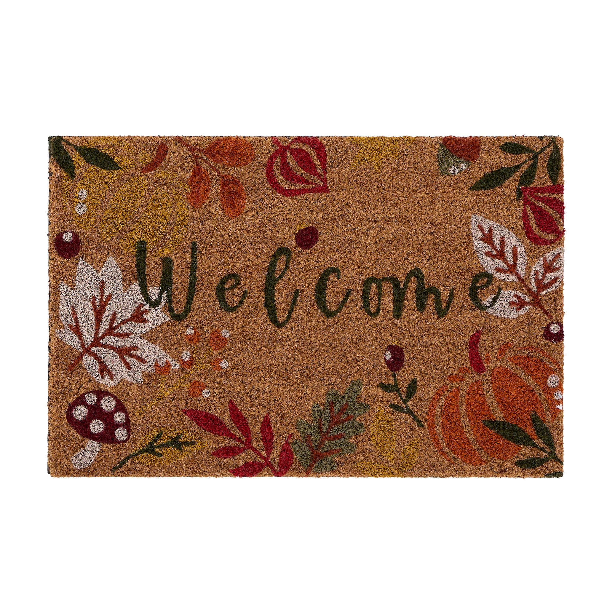 Discover the Autumnal Welcome Coir Doormat- a coir doormat featuring leaves, berries, pumpkins and mushrooms with a graphic font.