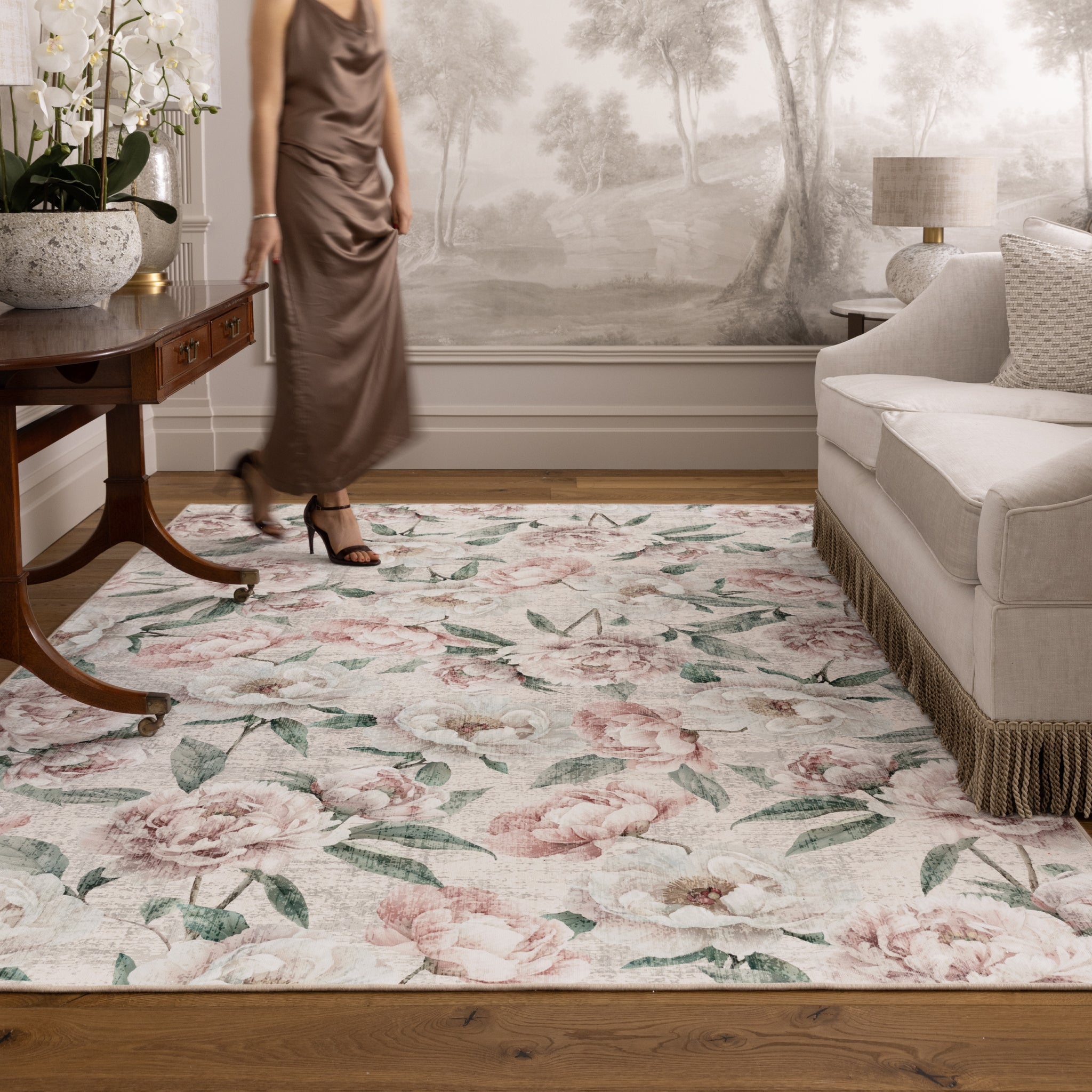 Hug Rug Pink Blooming Peonies Washable Area Rug