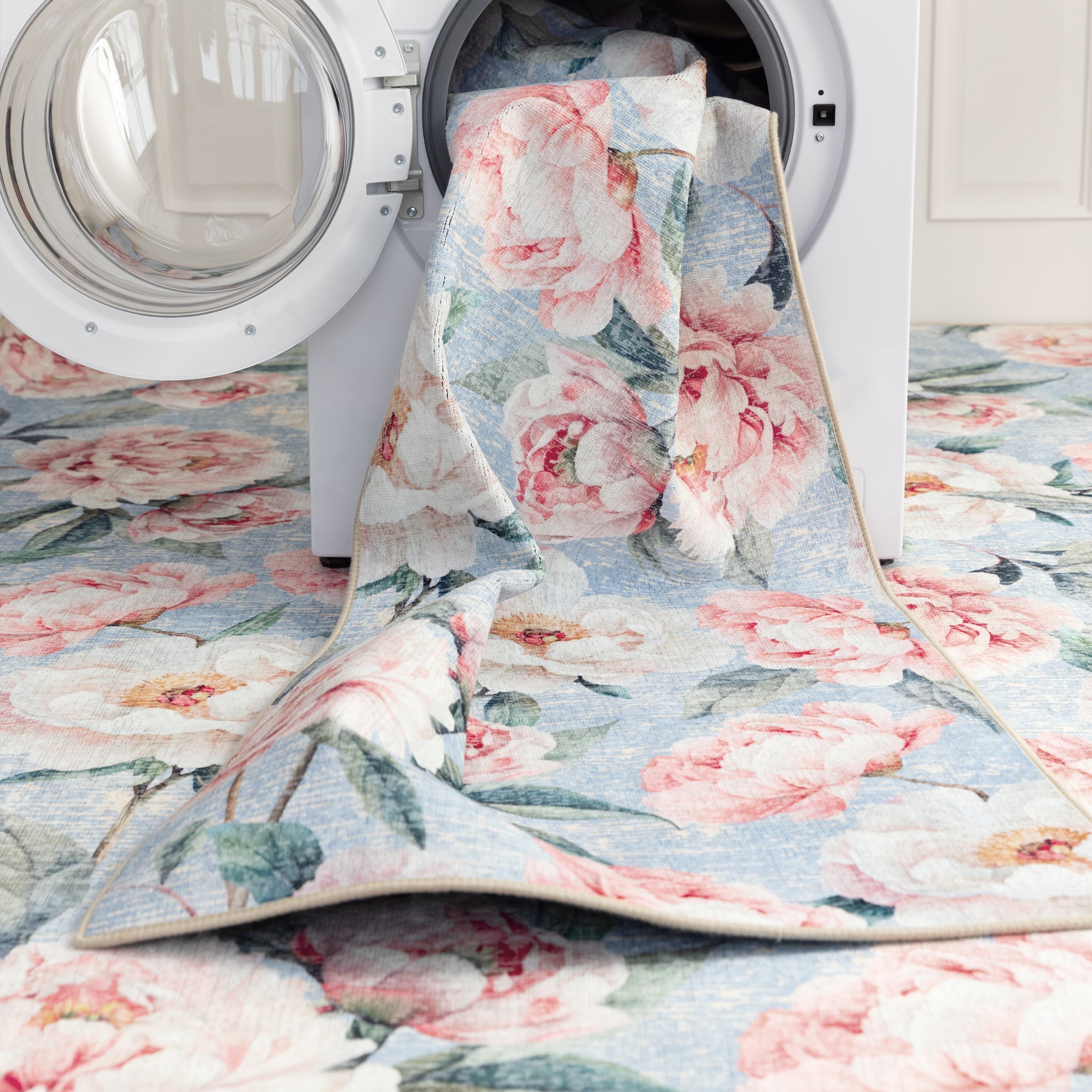 Hug Rug Blue Blooming Peonies Washable Rug and Runner