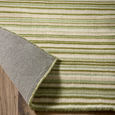 Green Fine Stripe Rug- 100% wool cut pile in green with a striped pattern.