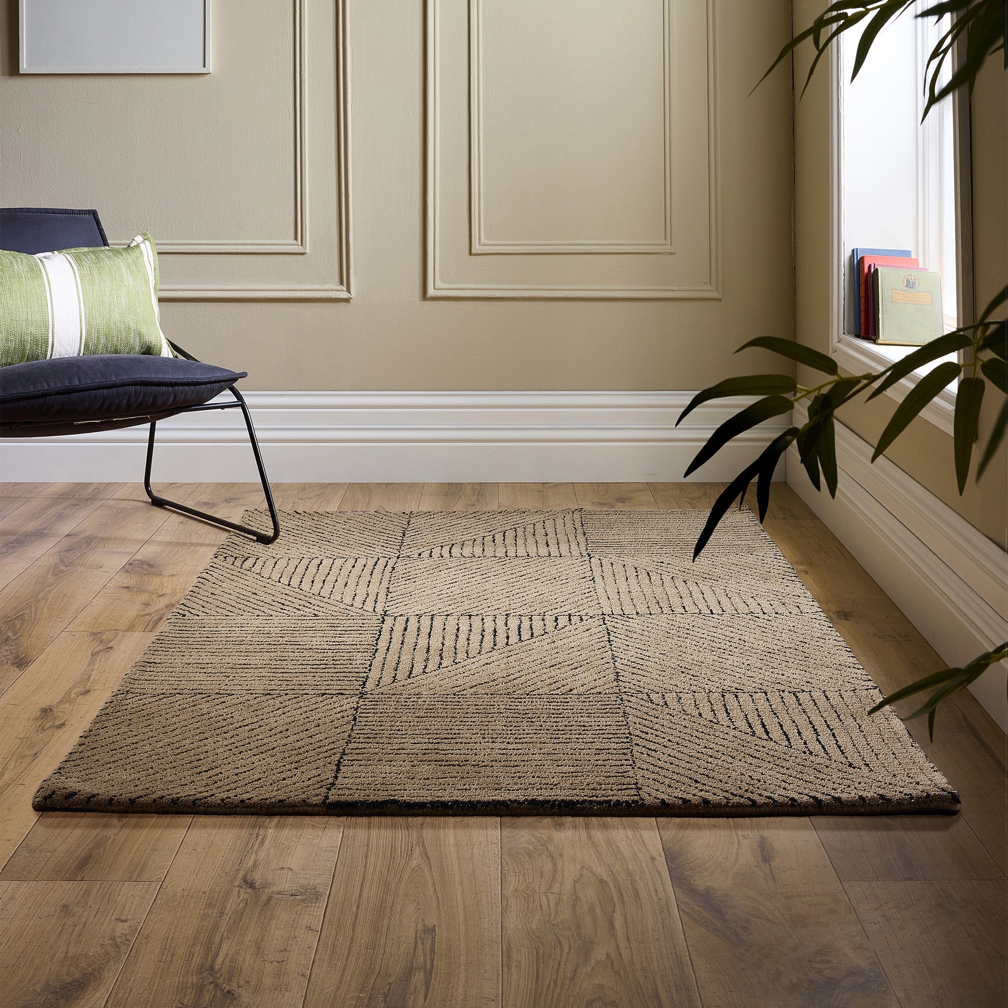 Geometric Rug- hand-tufted rug in Sand with a geometric pattern.