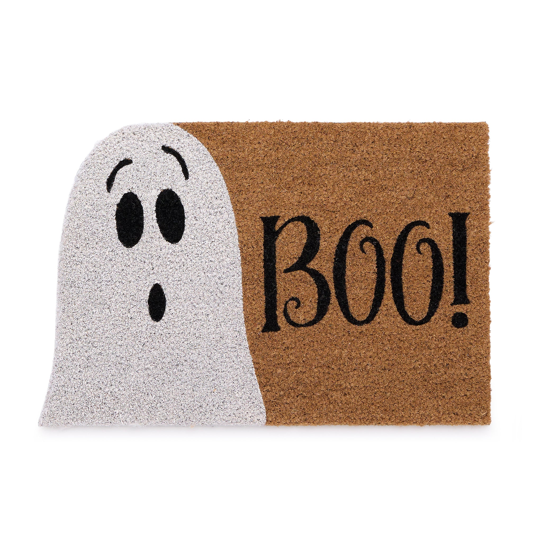 Discover the Halloween Boo Coir Doormat- a coir doormat featuring a white ghost and graphic font.