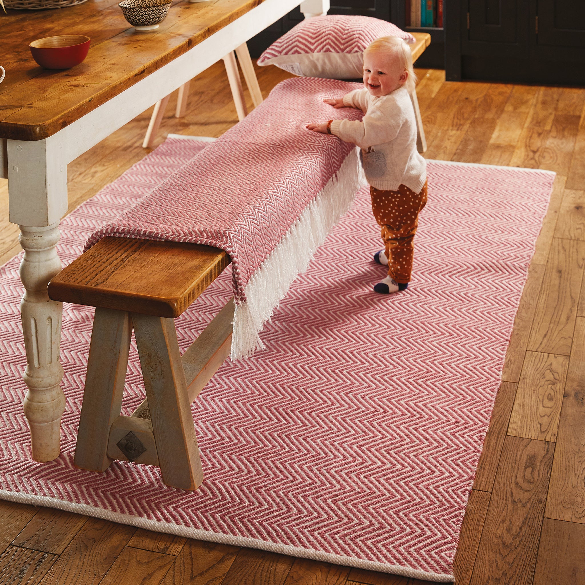 Herringbone Washable Rug Coral Pink 2