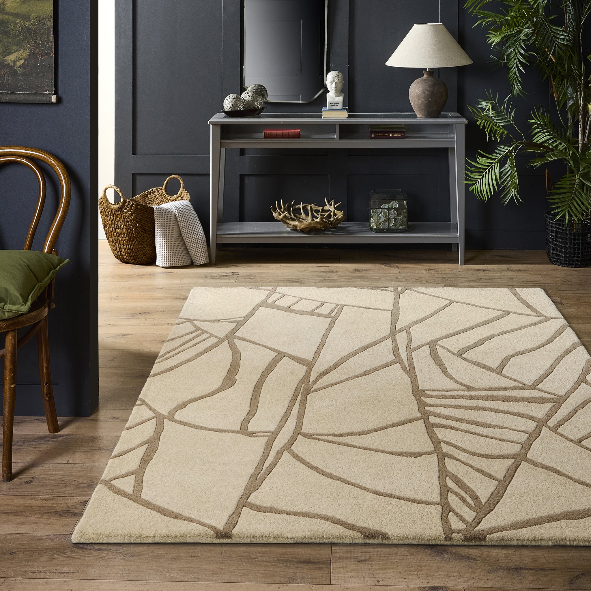Kintsugi- 100% Wool Cut Pile rug in Cream with a carved pattern.
