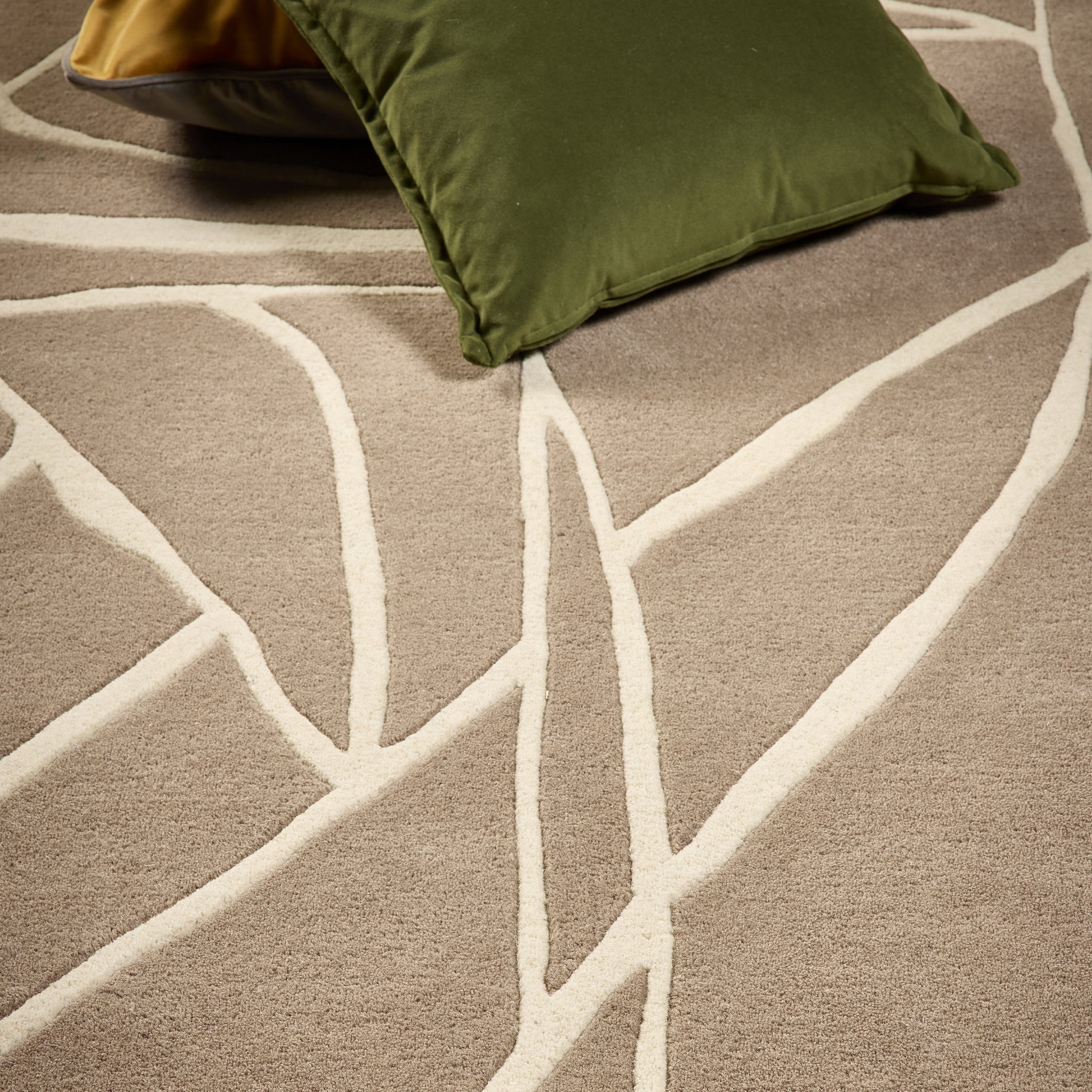 Kintsugi Rug- 100% wool cut pile, hand-tufted and carved rug in Stone with a carved design.