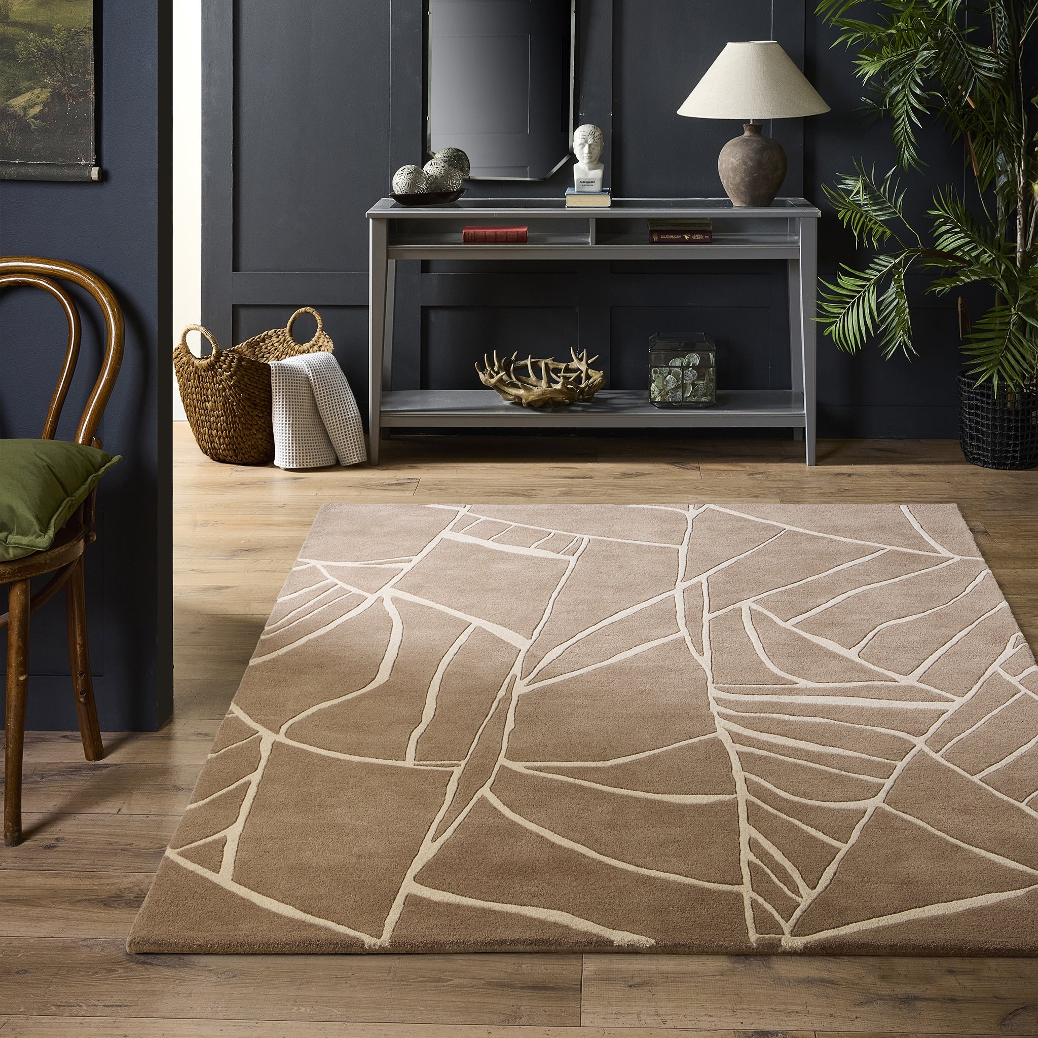 Kintsugi Rug- 100% wool cut pile, hand-tufted and carved rug in Stone with a carved design.
