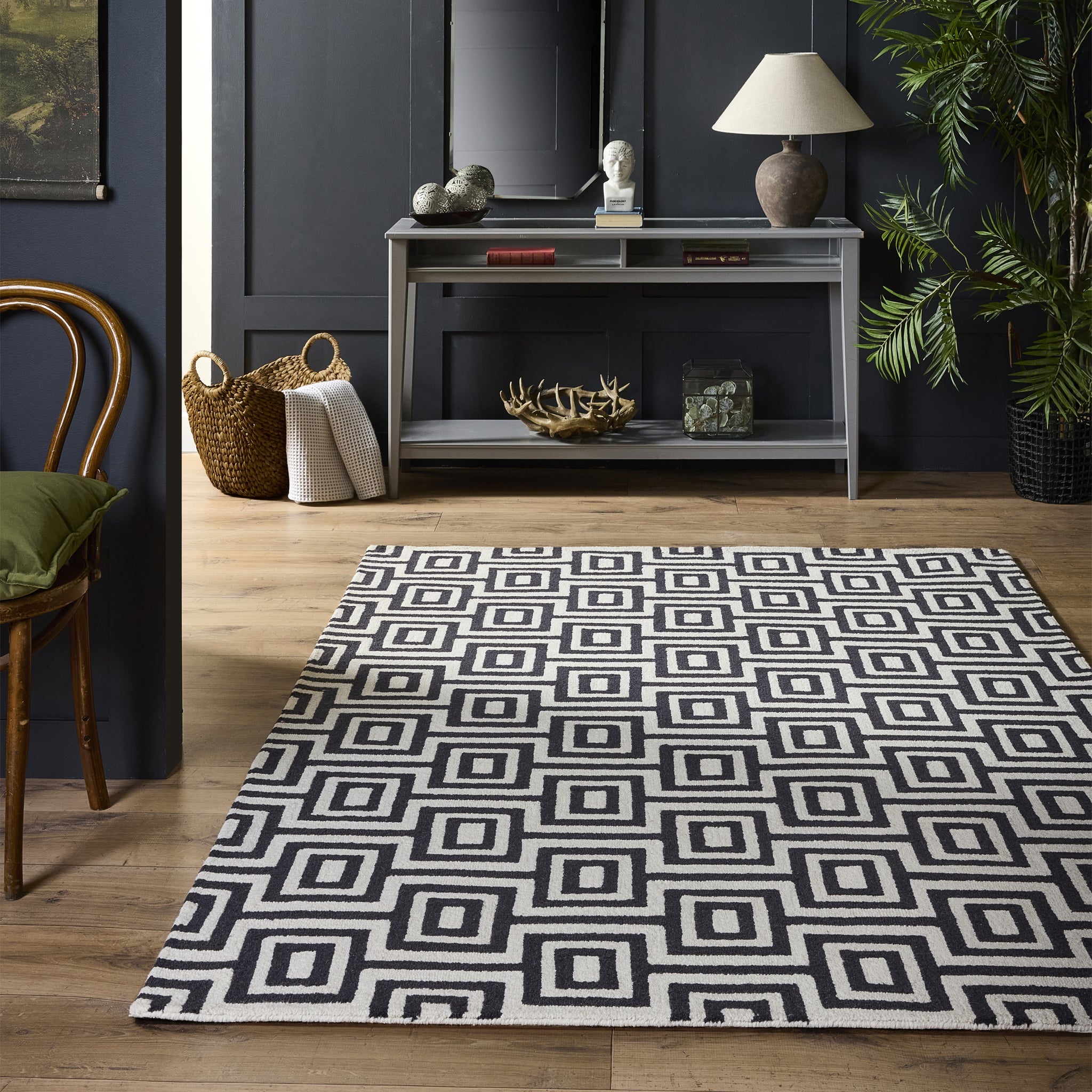 Labyrinth Rug- 100% Wool Loop Pile rug in Black and White with a 3D geometric pattern. 2