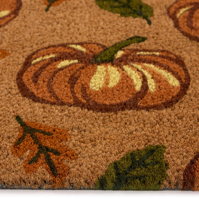 Discover the Multi Pumpkins Coir Doormat- a coir doormat with pumpkins and green\orange leaves.