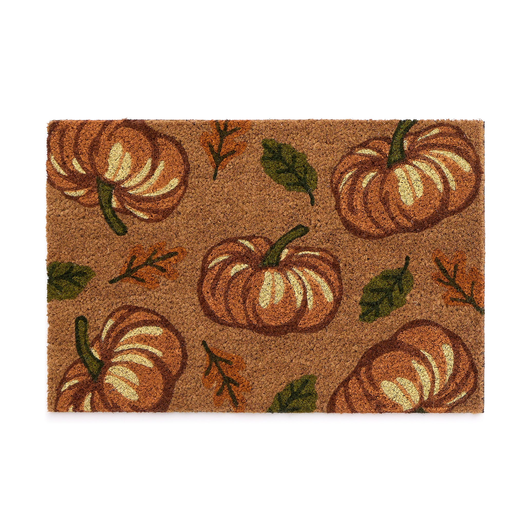 Discover the Multi Pumpkins Coir Doormat- a coir doormat with pumpkins and green\orange leaves.