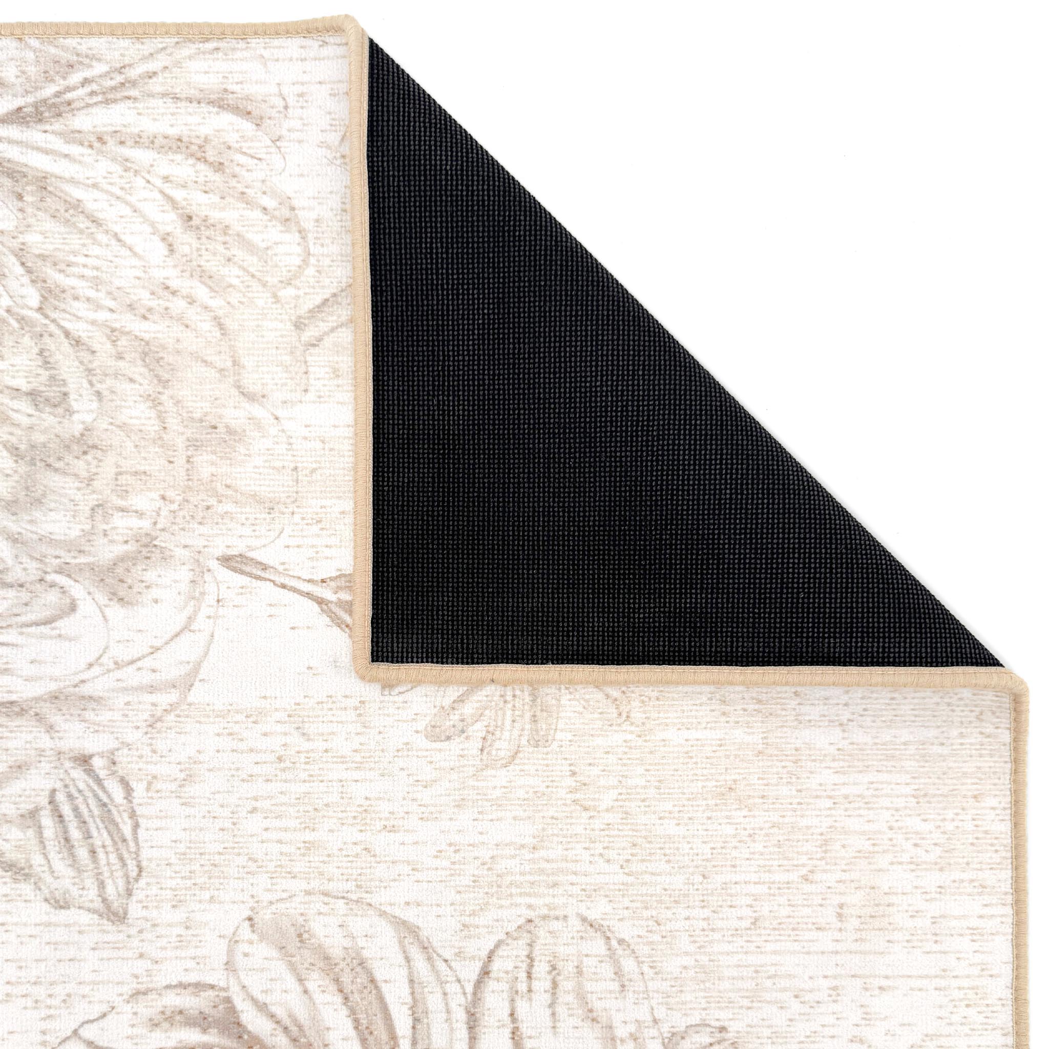 Close-up of a floral pattern rug with a black backing