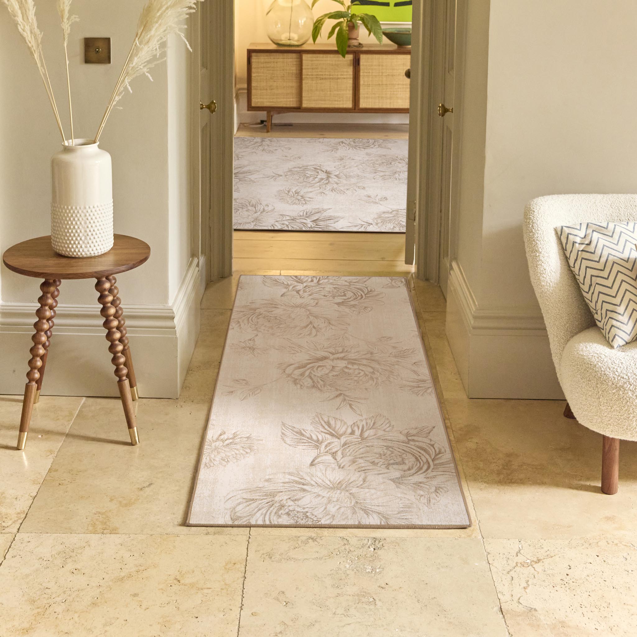Muted Floral Beige Eco-Washable Rug Lifestyle 6