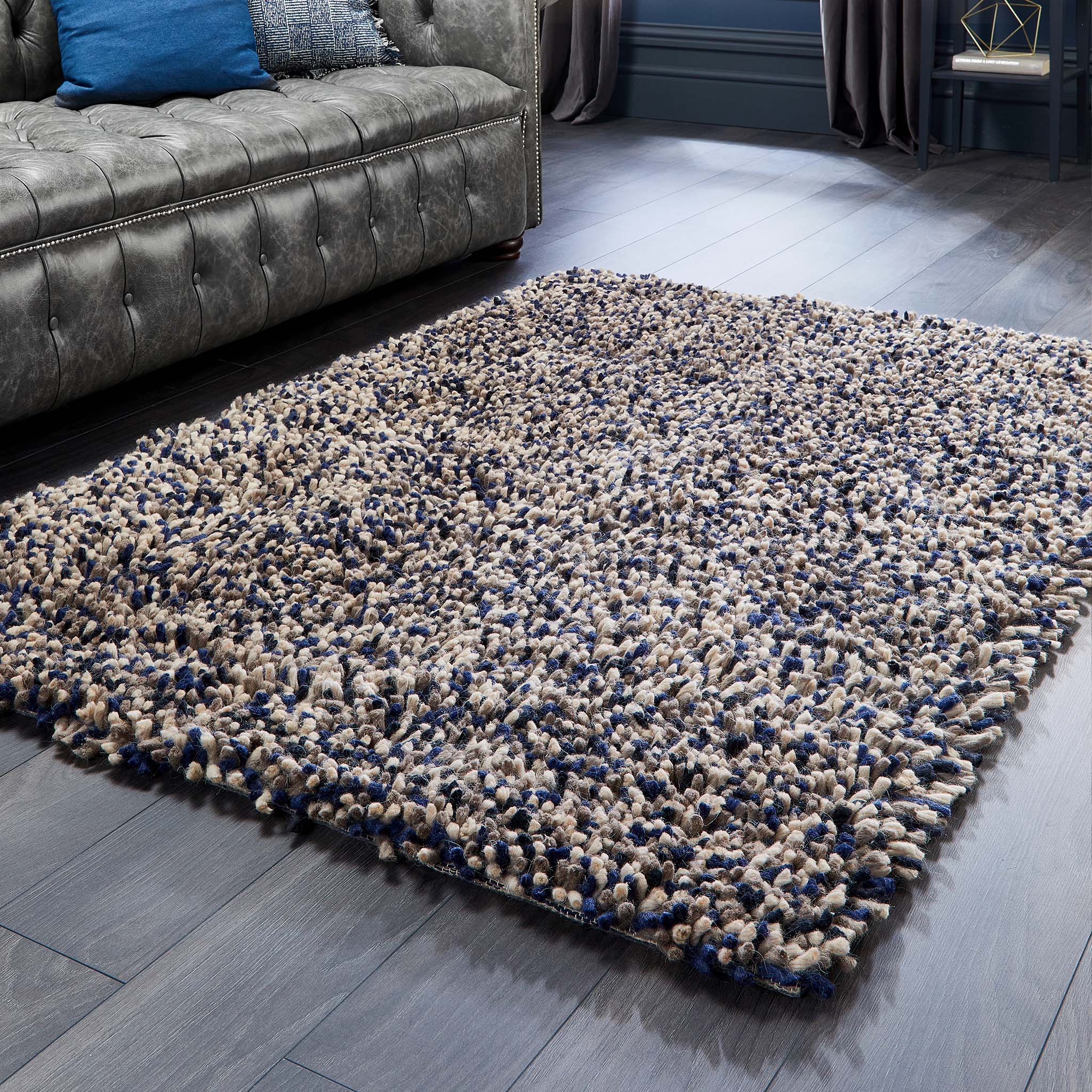 Rocks Shaggy Wool Rug Navy 2