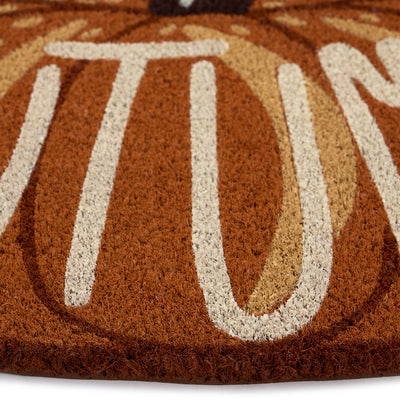 Discover the Shaped Autumn Pumpkin Coir Doormat- a coir dormant shaped as a pumpkin with graphic font.