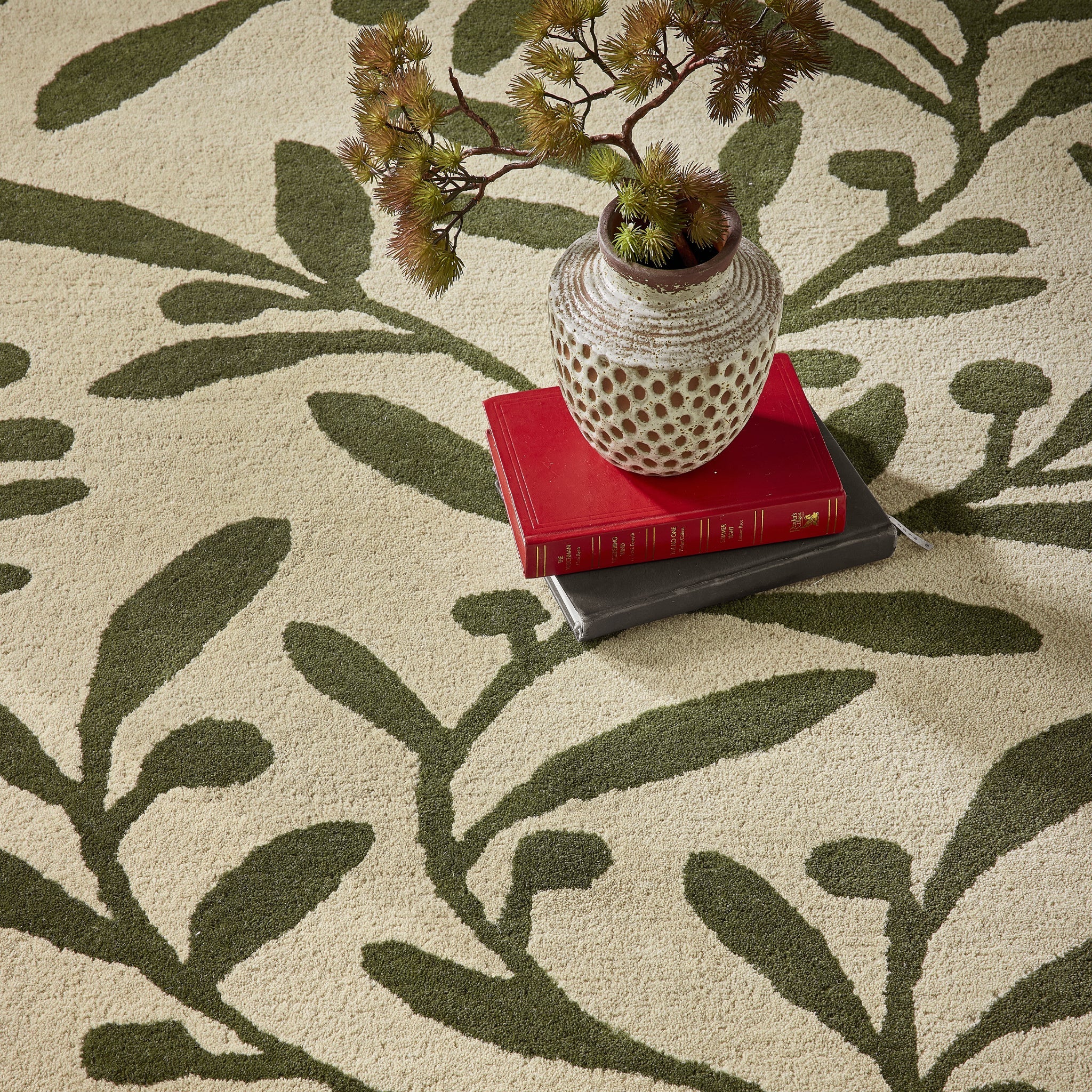 Trailing Leaf Rug - 100% wool cut pile, hand tufted and carved with leaf design.