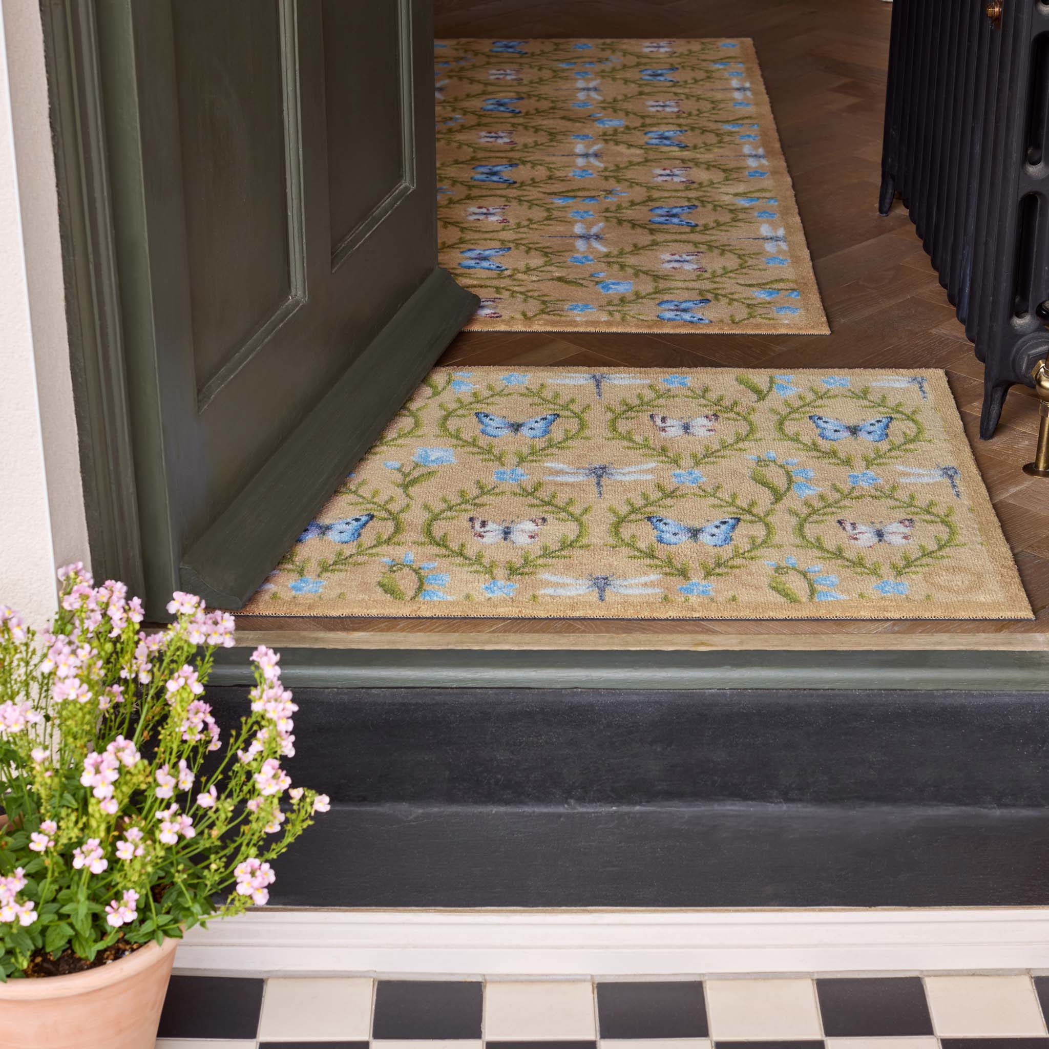 Decorative doormats with butterfly pattern in an open doorway