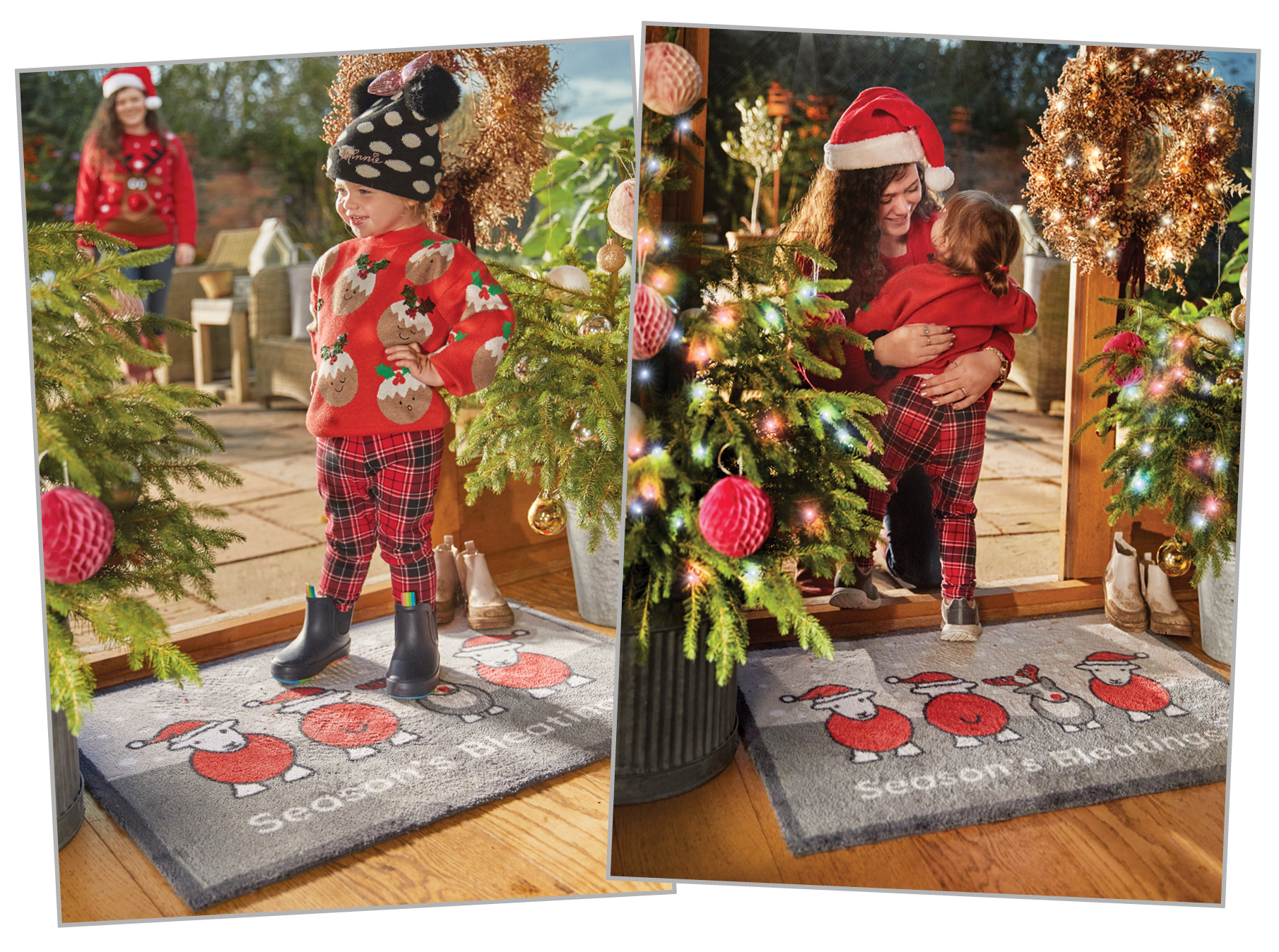 Two images of children dressed in Christmas pyjamas standing on Herdy rugs