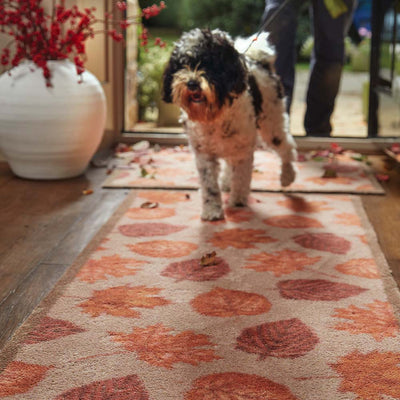 a dog walking across a front door mat and runner with a autumn leaves design