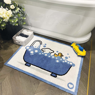 Lifestyle image of a Bathtime Herdy washable bath mat from Hug Rug next to a bath tub