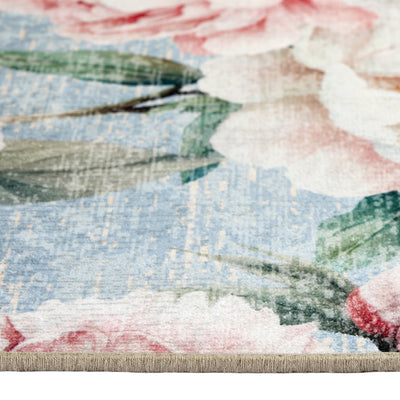 Blooming Peonies Blue Eco-Washable Rug