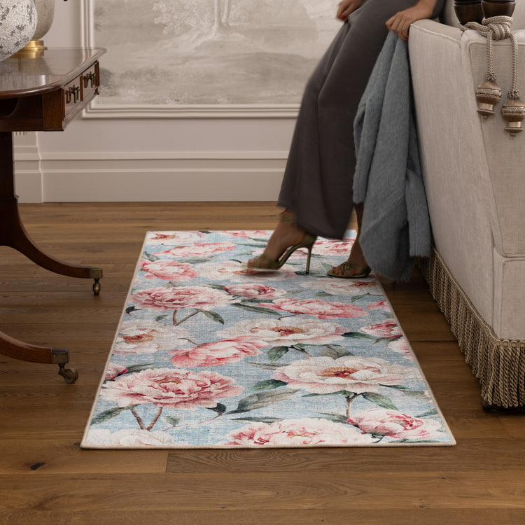 Blooming Peonies Blue Eco-Washable Rug