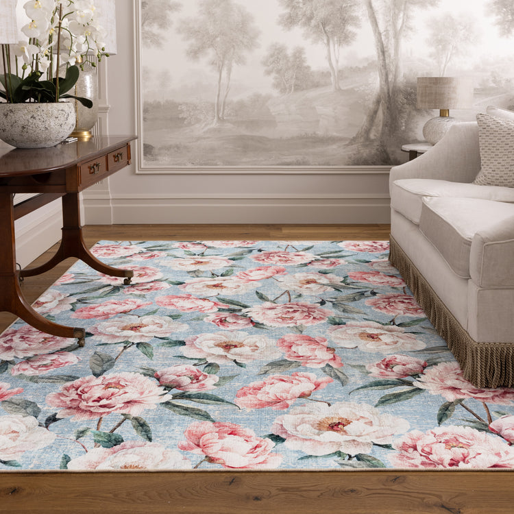 Blooming Peonies Blue Eco-Washable Rug