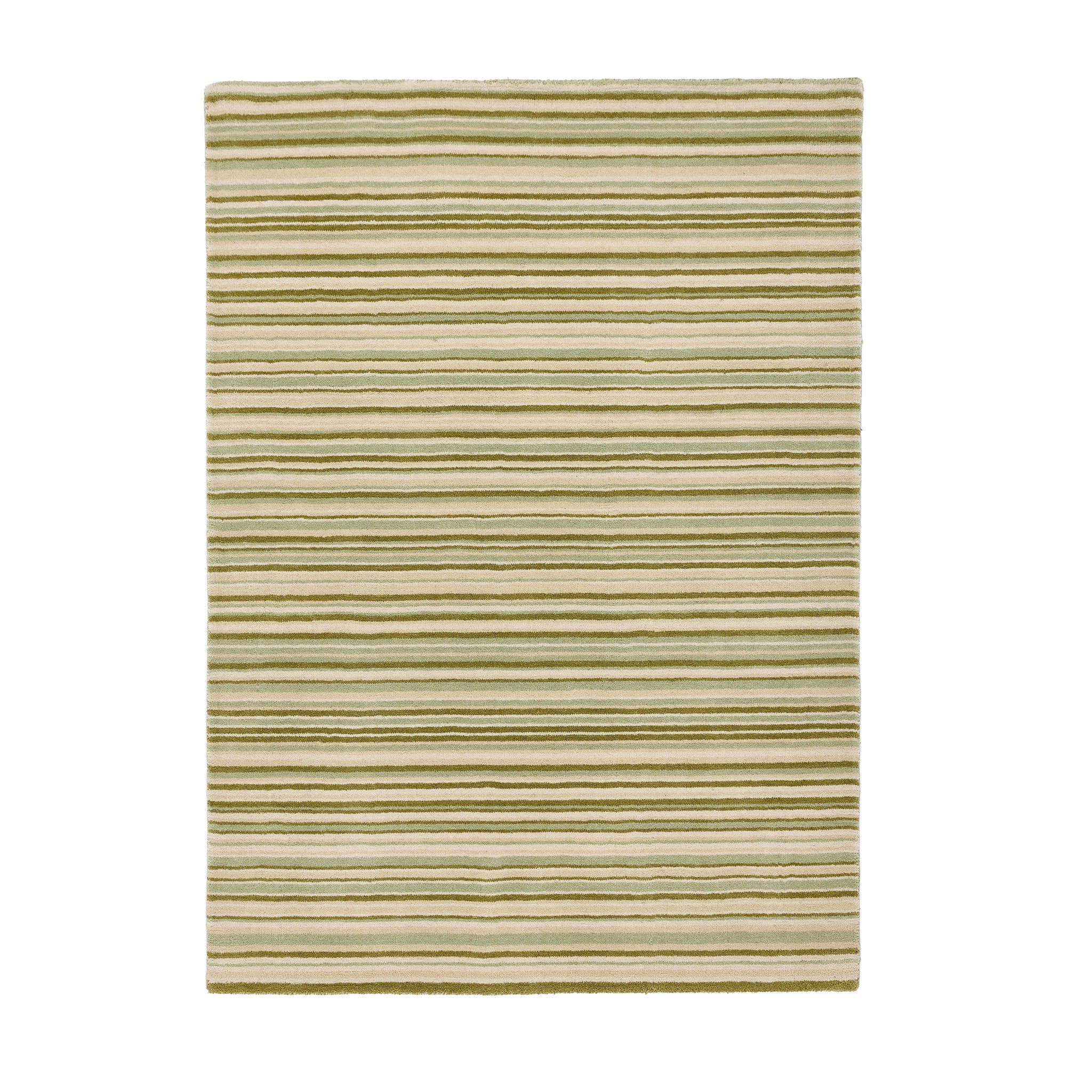 Green Fine Stripe Rug- 100% wool cut pile in green with a striped pattern.