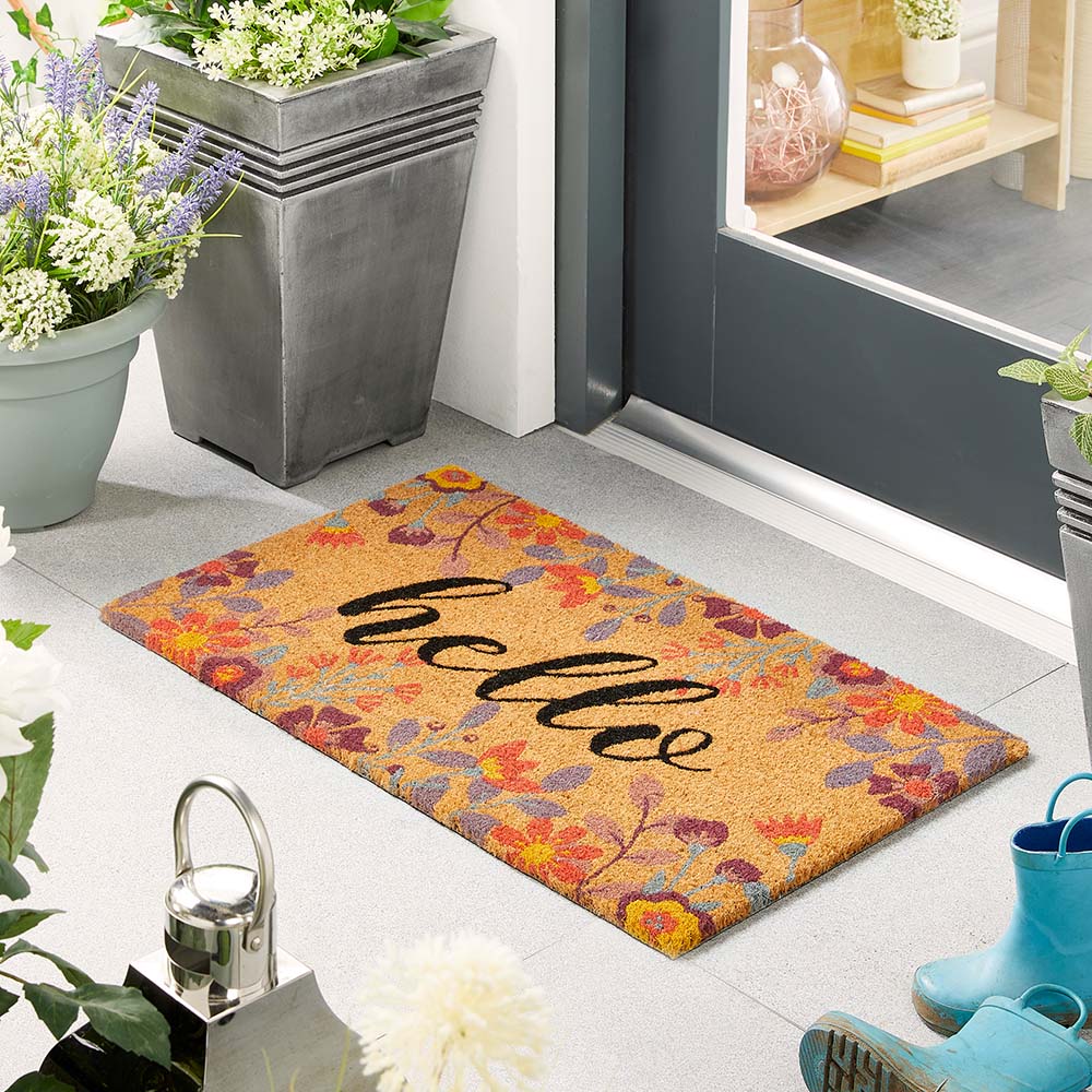 Floral Hello Coir Doormat 2