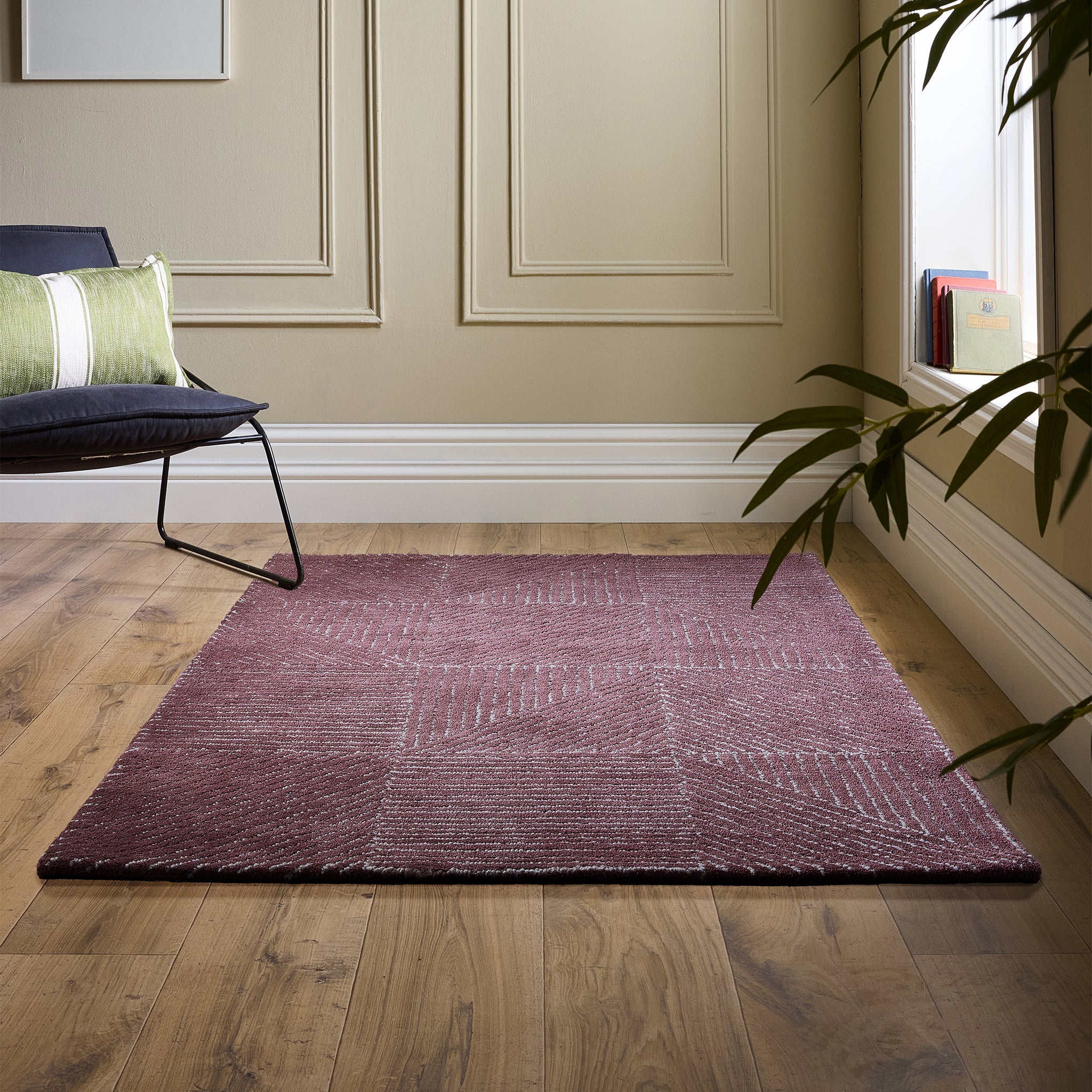 Geometric Rug- 100% Wool cut pile rug in Berry with a 3D pattern. 