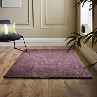 Geometric Rug- 100% Wool cut pile rug in Berry with a 3D pattern. 