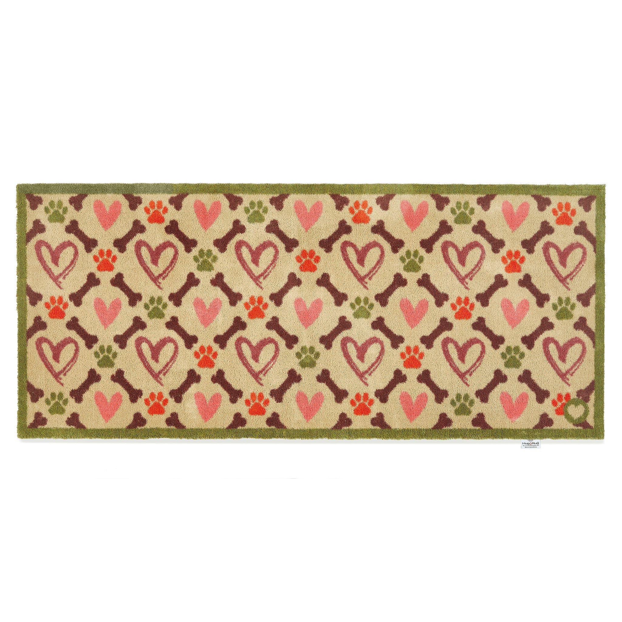 Overhead of Hug Rug beige hearts and bones washable runner