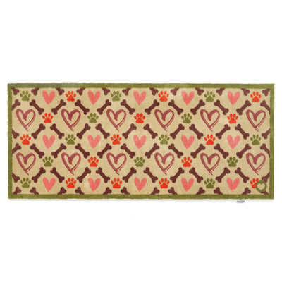 Overhead of Hug Rug beige hearts and bones washable runner