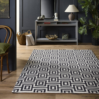 Labyrinth Rug- 100% Wool Loop Pile rug in Black and White with a 3D geometric pattern. 2
