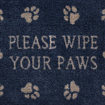 Close up image of the please wipe your paws text and pattern on a navy Pet 10 washable doormat from Hug Rug