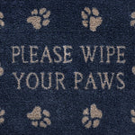 Close up image of the please wipe your paws text and pattern on a navy Pet 10 washable doormat from Hug Rug