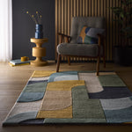 Retro Deco- 100% wool cut & looped pile, hand-tufted rug in multi with a geometric design. 