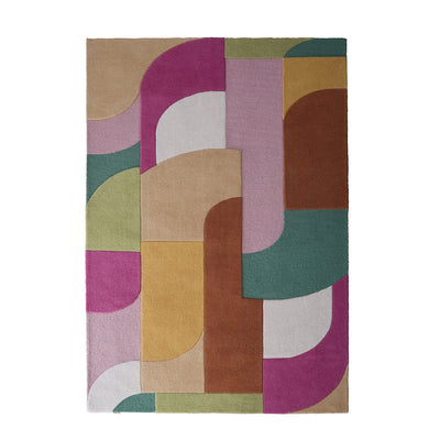 Retro deco - 100% wool cut loop pile, hand-tufted rug in pink with a sculptured 3D geometric pattern. 