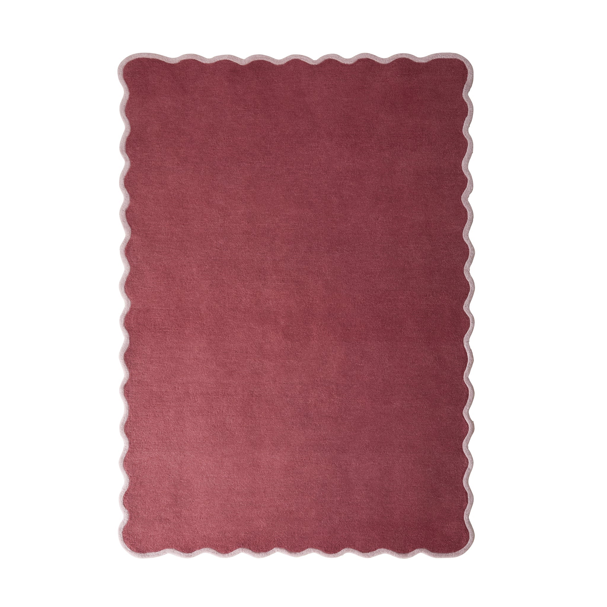 Scalloped Elise- 100% wool cut & loop pile rug in Coral and Lilac with a thick border. 