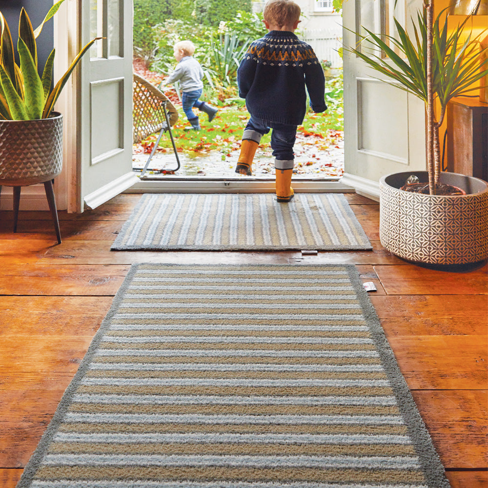 Stripe 83 Beige Blue Washable Doormat 2