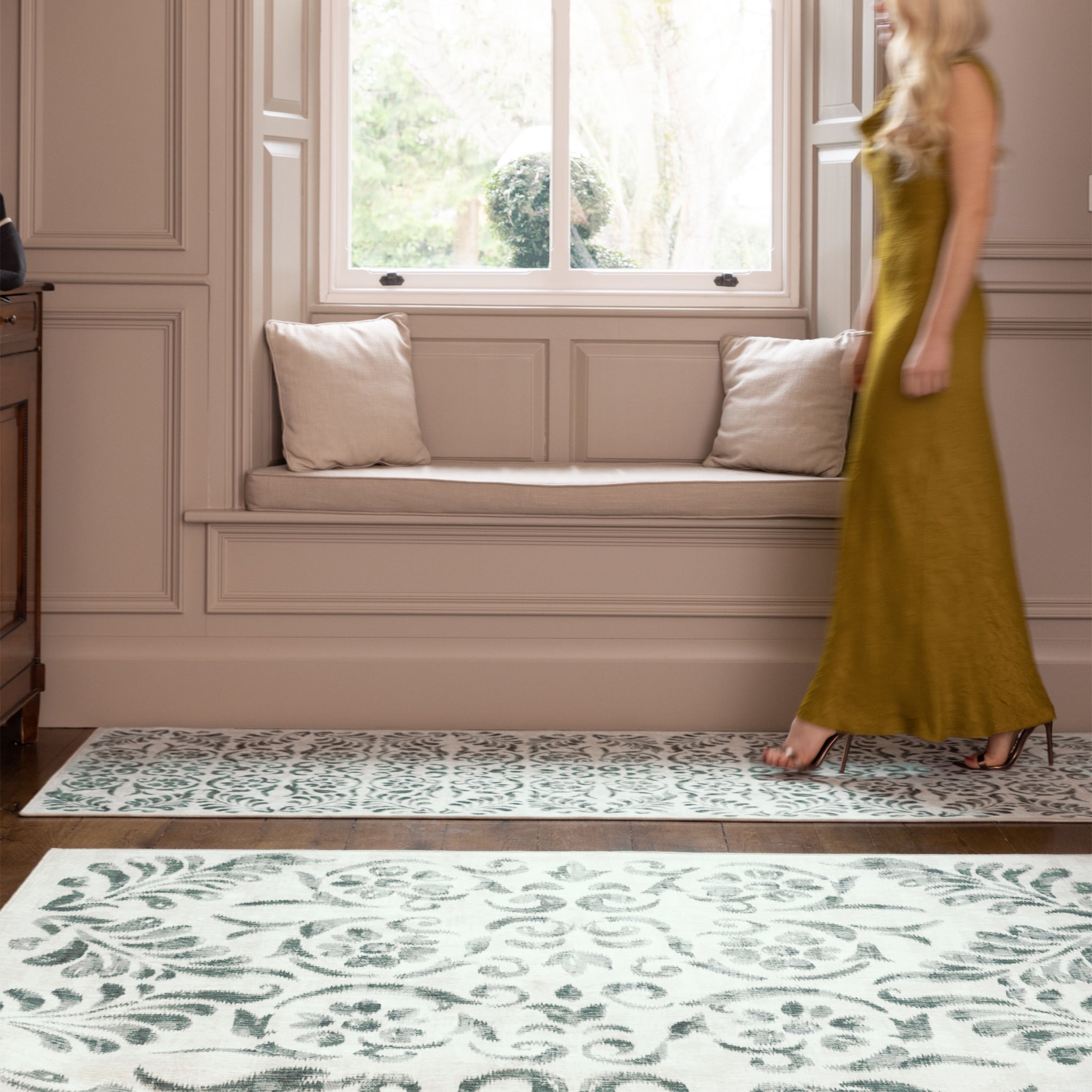 Vintage Scroll Green Eco-Washable Rug