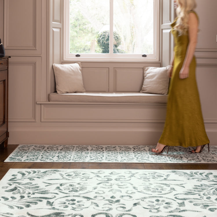 Vintage Scroll Green Eco-Washable Rug