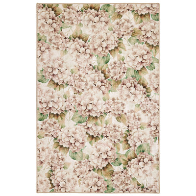 Floral patterned rug with pink hydrangea flowers and green leaves on a beige background