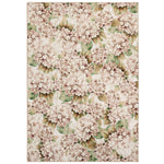 Floral patterned rug with pink hydrangea flowers and green leaves on a beige background