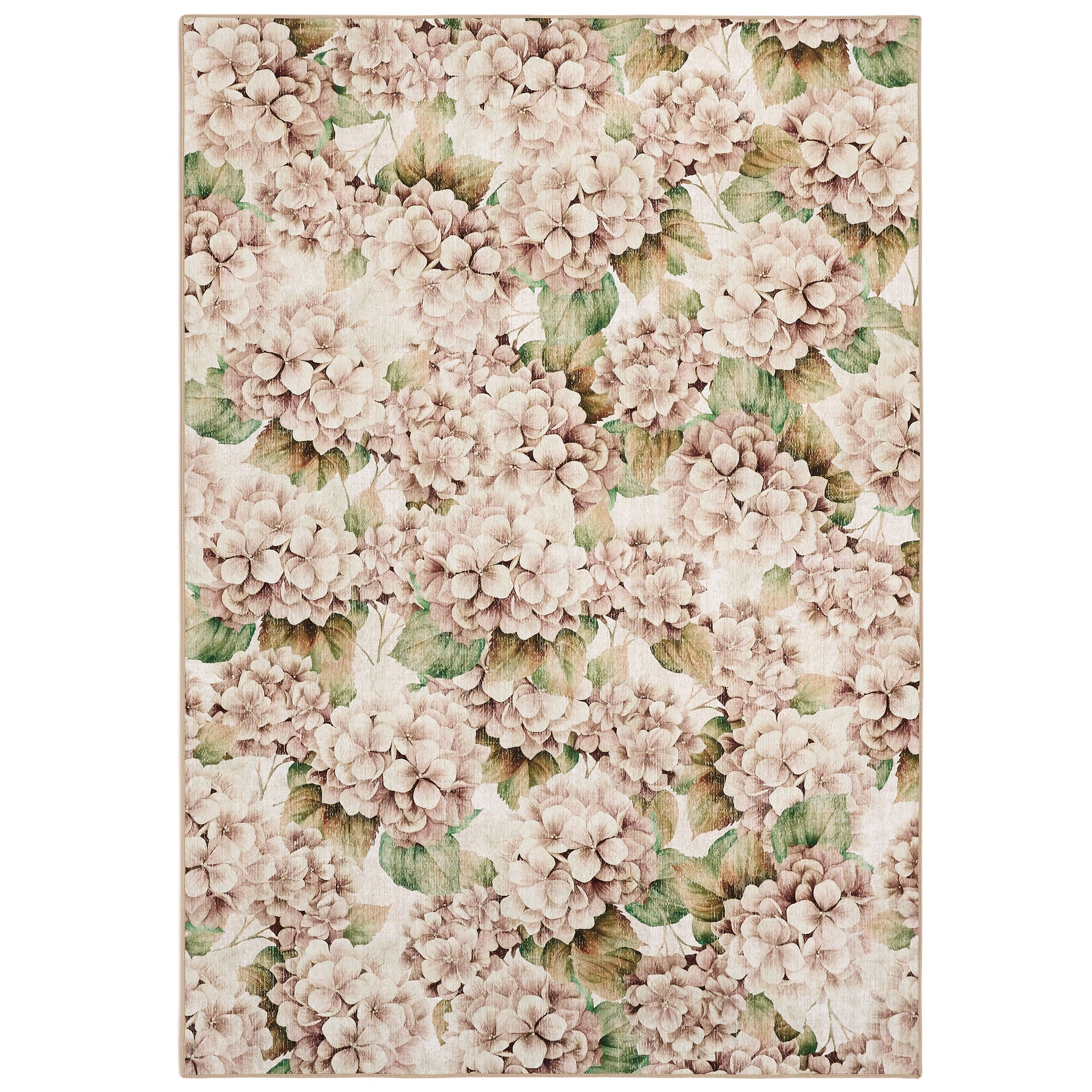 Floral patterned rug with pink hydrangea flowers and green leaves on a beige background