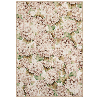 Floral patterned rug with pink hydrangea flowers and green leaves on a beige background