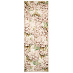 Floral patterned runner with pink hydrangea flowers and green leaves on a beige background