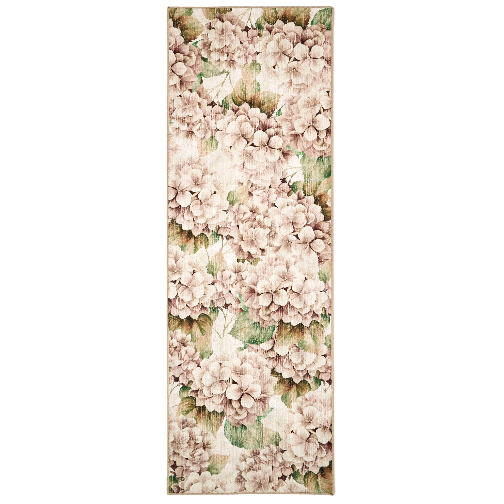 Floral patterned runner with pink hydrangea flowers and green leaves on a beige background