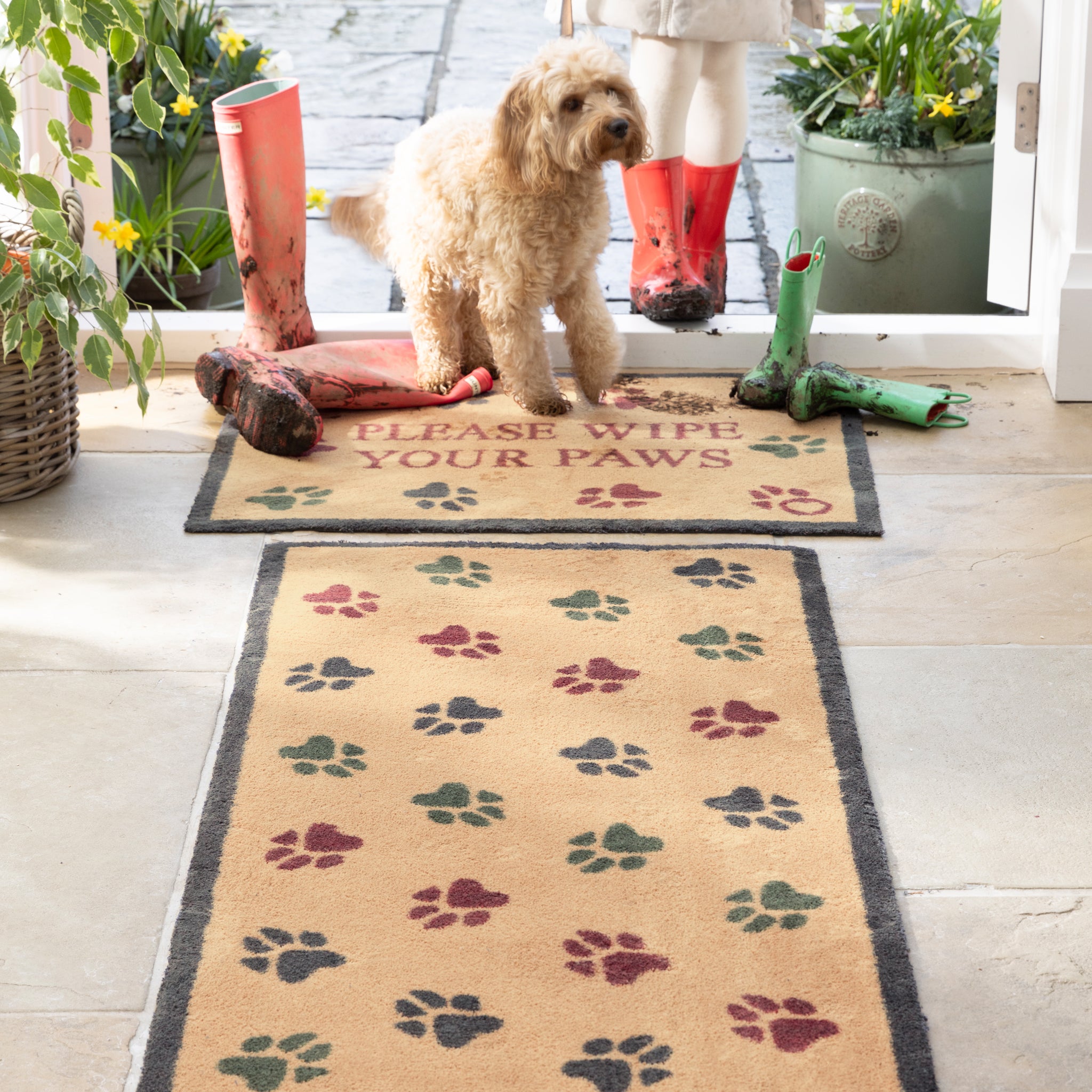 Lifestyle image of dog walking on Hug Rug beige wipe your paws washable doormat and washable runner