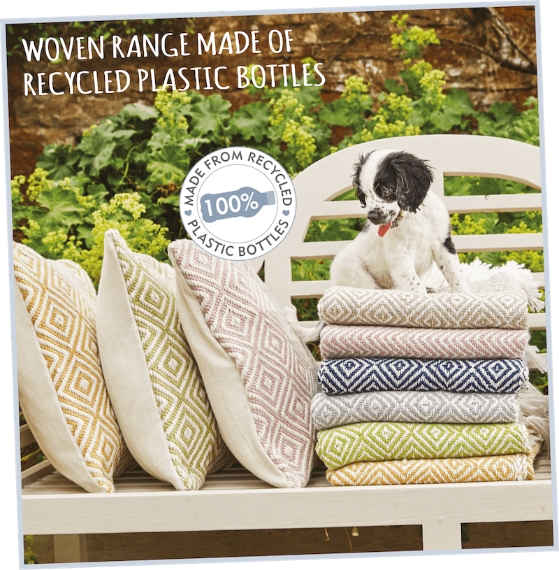 Picture of a dog sat on woven throws, next to woven cushions